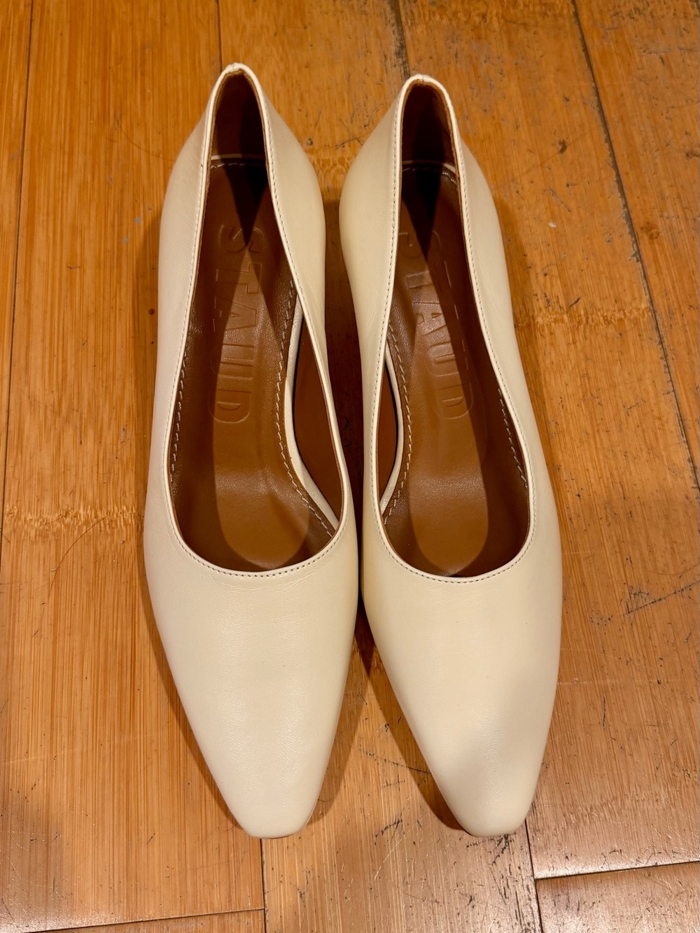 STAUD Cream Pointed-Toe Mid Heel Pumps